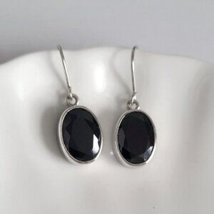 Vintage Boho Sterling Silver Oval Black Onyx Faceted Cabochon Drop Earrings